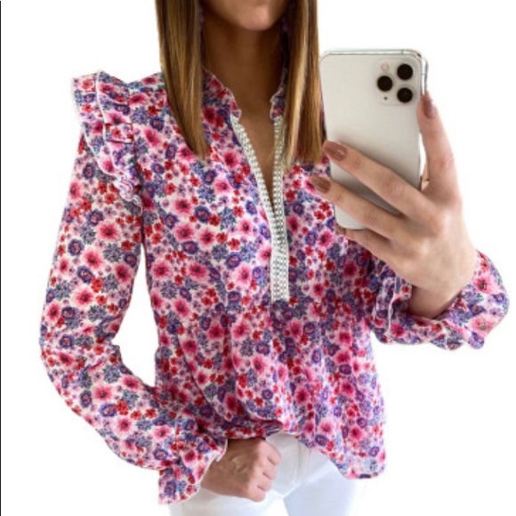 Rose Floral Pattern Peplum Blouse With Ruffles - Picture 5 of 15